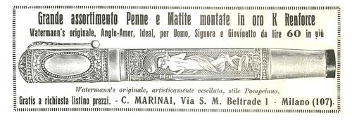 3. 1928. WATERMAN 42 laminata in stile pompeiano - 1928-03-01. Inserzione di C. MARINAI su Scena Illustrata - quindic..jpg