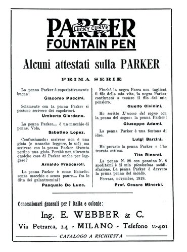 PARKER - Testimonial Lucky Curve - 1920-07-11. L'Illustrazione Italiana - Anno XLVII - N.28 - pag.56