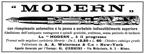 A.A. WATERMAN - Modern - 1910-11. La Lettura, Anno X N.11, pag.1 delle pubblicità