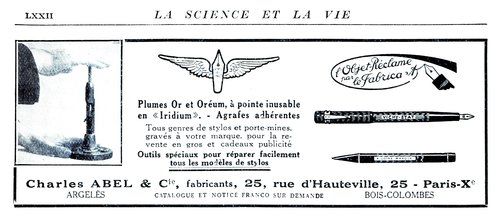 (Charles) ABEL &amp; C.ie – Penne Pubblicitarie - 1925-12. La Science et la Vie - N.102, pag. LXXII