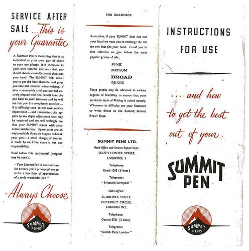 Summit - post WW2 lever filling fountain pens leaflet - page 1.jpg