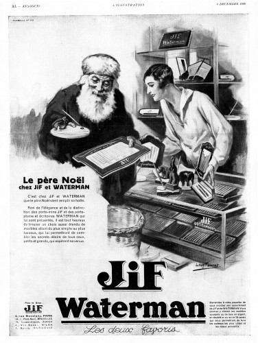 WATERMAN - Desk sets, fountain pens in set with JIF pencils - L'Illustration, 1930.12.06, pag. XL of advertisements