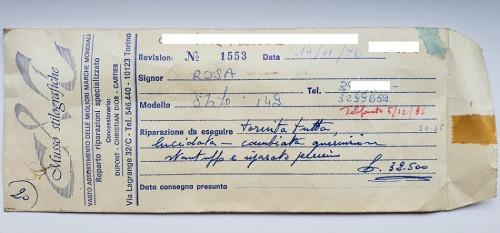 Busta di lavorazione della manutenzione fatta da me fare dalla &quot;Musso Stilografiche&quot;, negozio di eccellenza a Torino nel campo dlle stilografiche, con i Marchi di Cartier, Montblanc ecc., ora purtroppo definitivamente chiuso (per privacy ho cancellato dati riguardanti la persona che l'ha ritirata per mio conto, mia moglie)