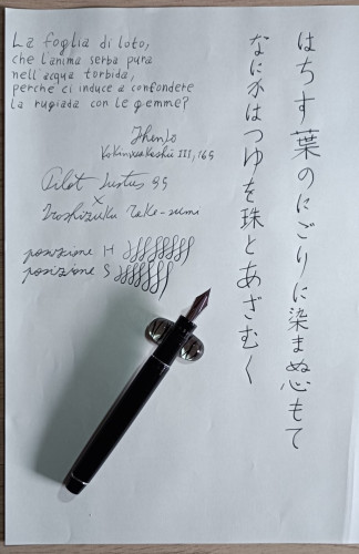 La traduzione della poesia è di Sagiyama (2000). La carta impiegata è Tomoe River. Nelle parti scritte in giapponese ho usato la posizione S, in quelle in alfabeto latino ho usato la posizione H, tranne alla fine dove ho fatto il confronto diretto.