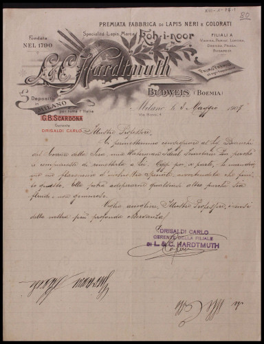 1907-05-08 Lettera a Giovanni Pascoli da Carlo Drisaldi - Gerente L &amp; C Hardtmuth