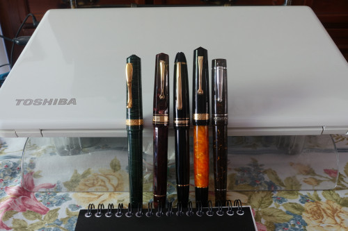 Comparazione dimensioni penne, da sinistra verso destra: Visconti Manhattan Skyline Verde; Omas Paragon Collezione Celluloide; Montblanc 146; Leonardo MM DNA e Delta We' .