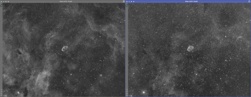 a sinistra H (il Master Light ripreso con filtro H-Alfa nel 2019) e a destra O (filtro OIII). 9 scatti da 1800s (4h30min) per H e 10x1800s (5h) per O