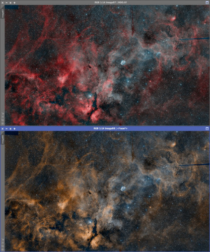 In alto la Bicolor HOO che riproduce abbastanza fedelmente i colori naturali dei due gas. <br />In basso la Bicolor H-mix-O che simula i colori delle foto fatte dal telescopio spaziale Hubble